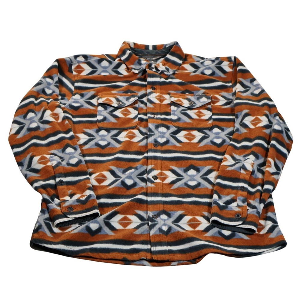 Eddie Bauer Jacket Mens Large Orange‎ Blue Aztec Southwestern Fleece Shacket